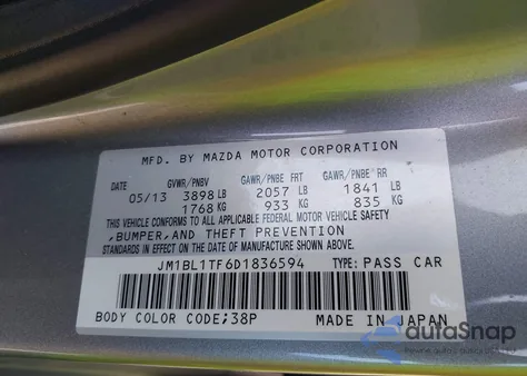 2013 Mazda Mazda3 I Sv из США, поврежденный, VIN JM1BL1TF6D1836594